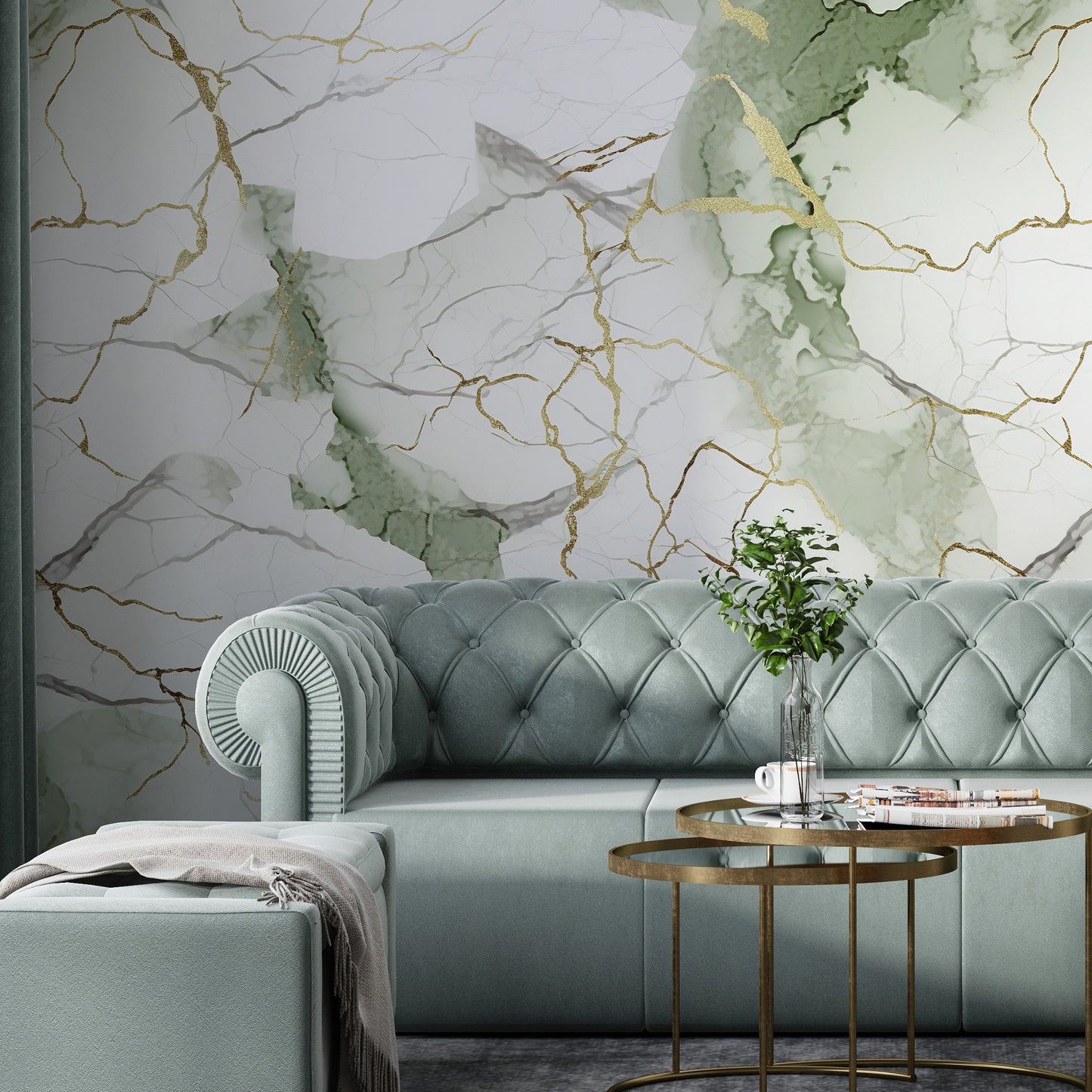 Removable Wallpaper, White, Green and Gold Beautiful Marble - Peel & Stick, Reusable, Self Adhesive, 26" Panels, Easy Install, Seamless