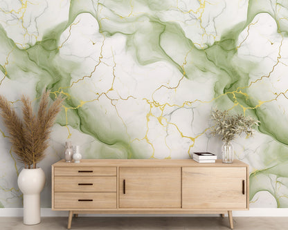 Removable Wallpaper, White, Green and Gold Marble - Peel & Stick, Reusable, Self Adhesive, 26" Panels, Easy Install, Seamless