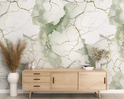 Removable Wallpaper, White, Green and Gold Beautiful Marble - Peel & Stick, Reusable, Self Adhesive, 26" Panels, Easy Install, Seamless