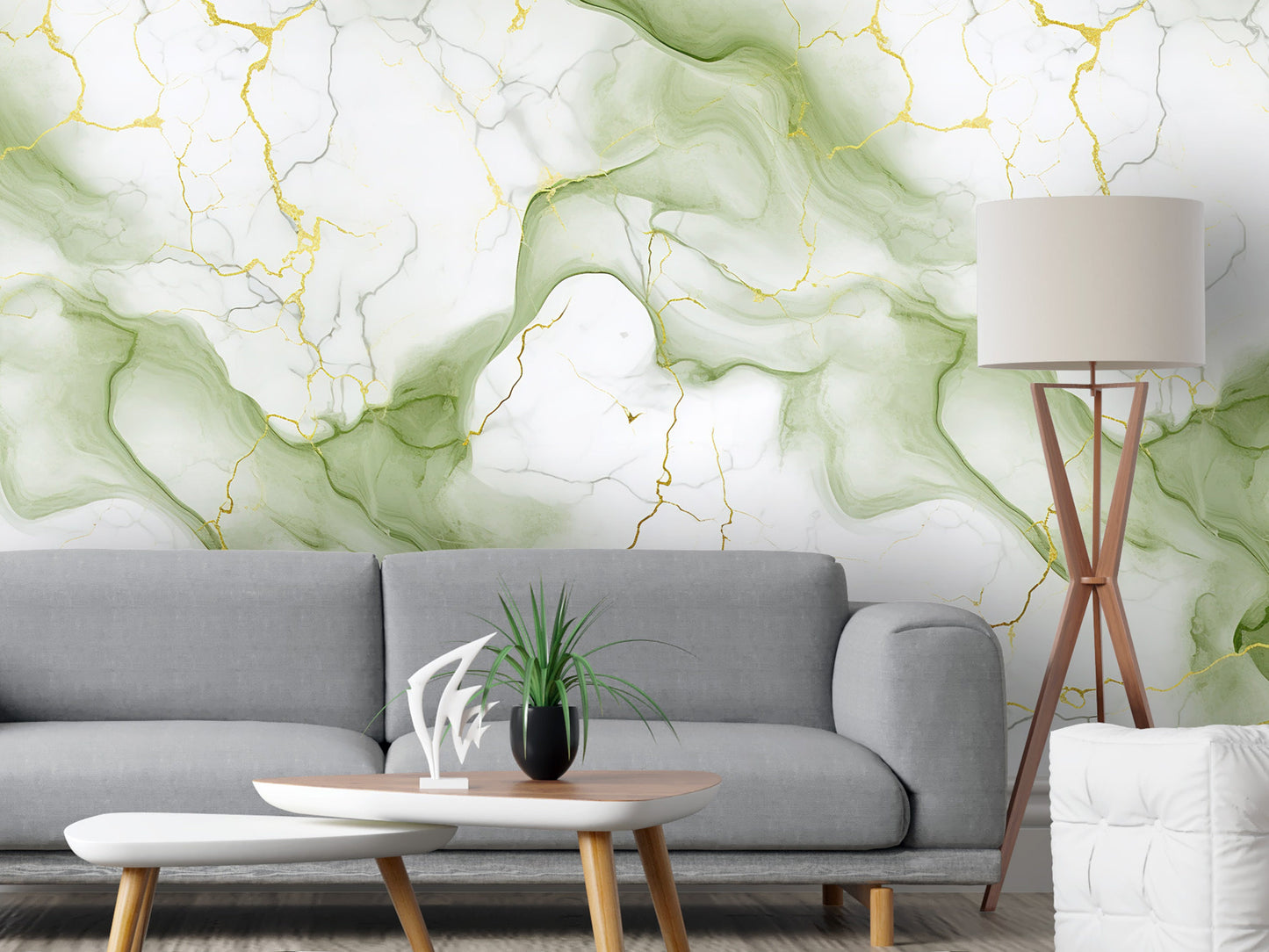 Removable Wallpaper, White, Green and Gold Marble - Peel & Stick, Reusable, Self Adhesive, 26" Panels, Easy Install, Seamless