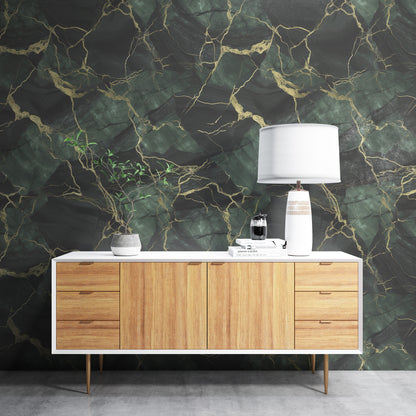 Removable Wallpaper, Dark Green and Gold Marble - Peel & Stick, Reusable, Self Adhesive, 26" Panels, Easy Install, Seamless