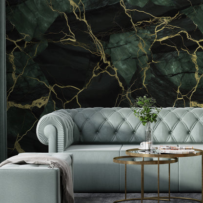 Removable Wallpaper, Dark Green and Gold Marble - Peel & Stick, Reusable, Self Adhesive, 26" Panels, Easy Install, Seamless