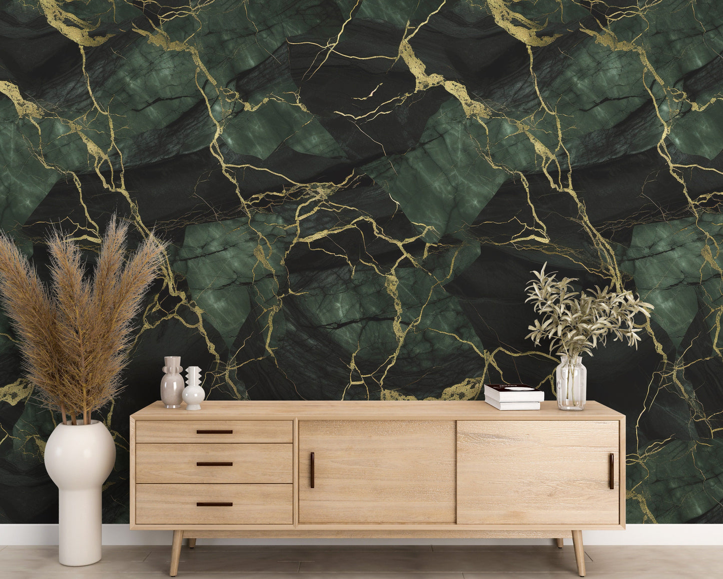 Removable Wallpaper, Dark Green and Gold Marble - Peel & Stick, Reusable, Self Adhesive, 26" Panels, Easy Install, Seamless