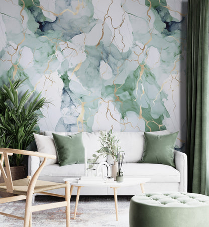 Removable Wallpaper, Green, Blue and White Marble - Peel & Stick, Reusable, Self Adhesive, 26" Panels, Easy Install, Seamless