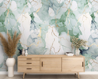 Removable Wallpaper, Green, Blue and White Marble - Peel & Stick, Reusable, Self Adhesive, 26" Panels, Easy Install, Seamless