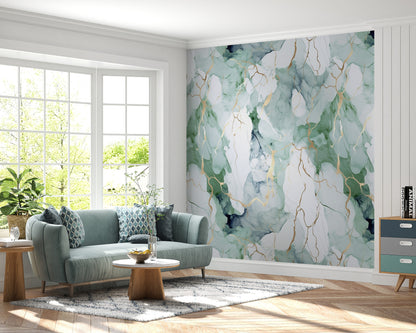 Removable Wallpaper, Green, Blue and White Marble - Peel & Stick, Reusable, Self Adhesive, 26" Panels, Easy Install, Seamless