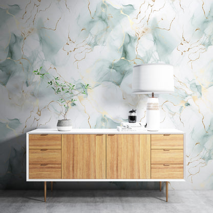 Removable Wallpaper, Sea Green and Gold Marble - Peel & Stick, Reusable, Self Adhesive, 26" Panels, Easy Install, Seamless