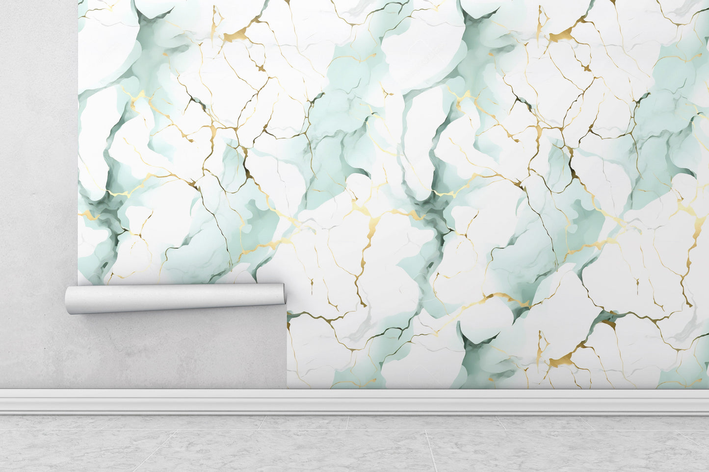 Removable Wallpaper, White, Gold and Green Cute Marble - Peel & Stick, Reusable, Self Adhesive, 26" Panels, Easy Install, Seamless