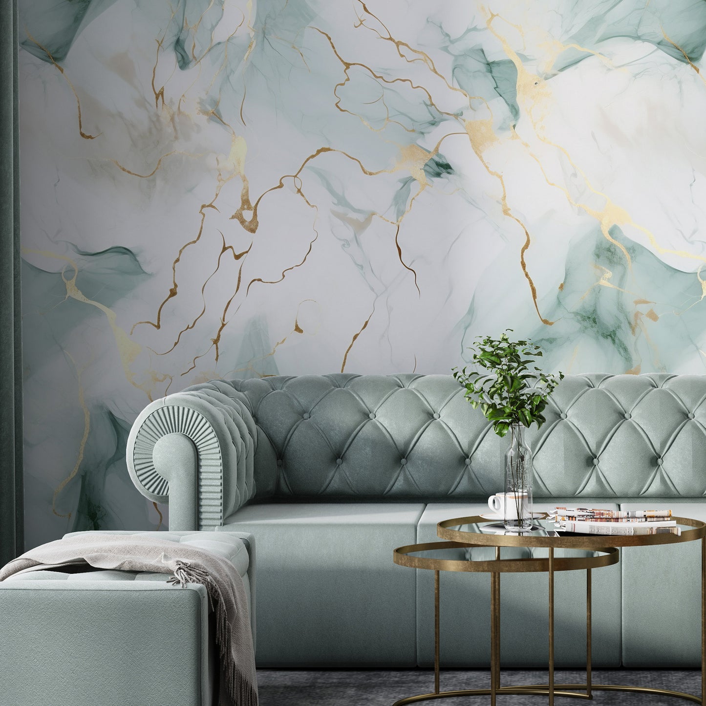 Removable Wallpaper, Sea Green and Gold Marble - Peel & Stick, Reusable, Self Adhesive, 26" Panels, Easy Install, Seamless