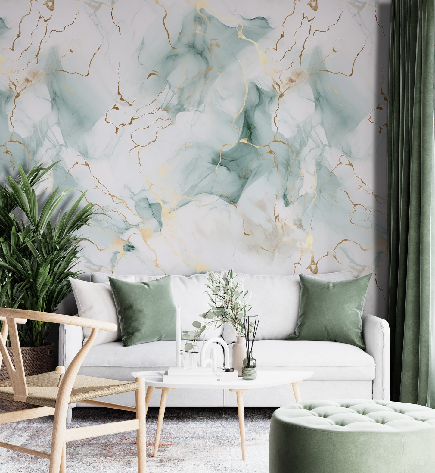 Removable Wallpaper, Sea Green and Gold Marble - Peel & Stick, Reusable, Self Adhesive, 26" Panels, Easy Install, Seamless