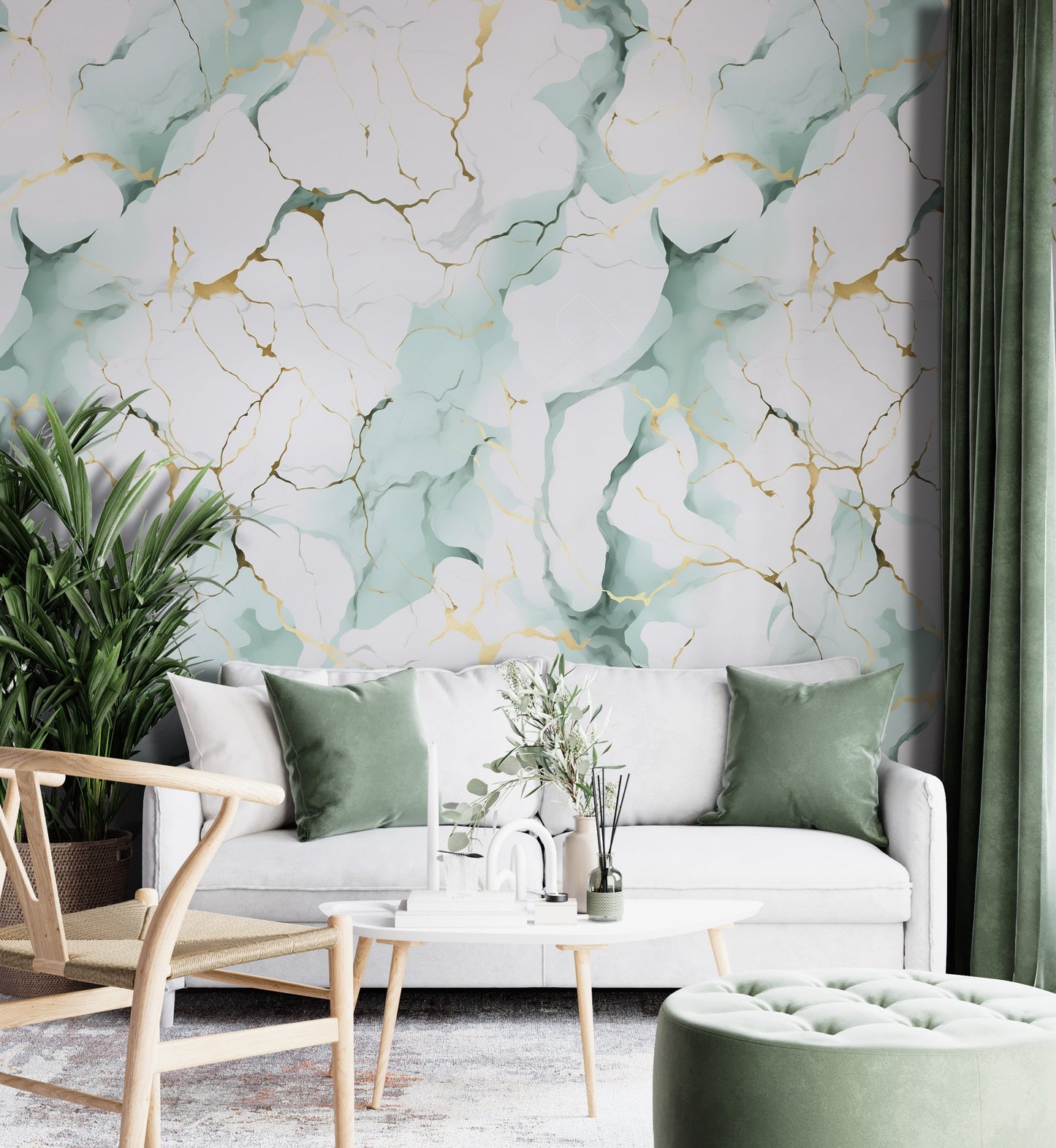 Removable Wallpaper, White, Gold and Green Cute Marble - Peel & Stick, Reusable, Self Adhesive, 26" Panels, Easy Install, Seamless