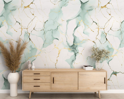 Removable Wallpaper, White, Gold and Green Cute Marble - Peel & Stick, Reusable, Self Adhesive, 26" Panels, Easy Install, Seamless