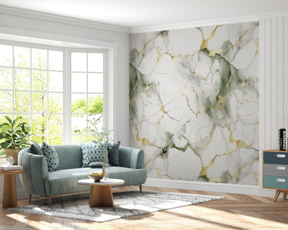 Removable Wallpaper, Gold and Green Marble - Peel & Stick, Reusable, Self Adhesive, 26" Panels, Easy Install, Seamless