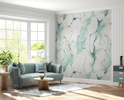 Removable Wallpaper, White, Gold and Green Cute Marble - Peel & Stick, Reusable, Self Adhesive, 26" Panels, Easy Install, Seamless