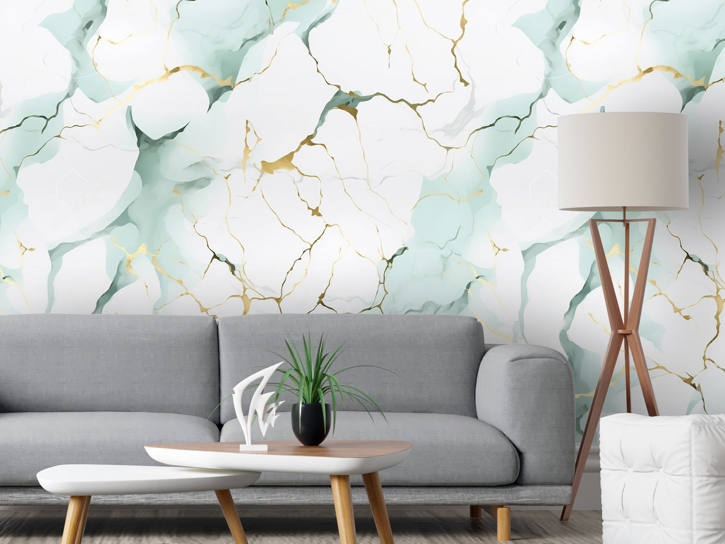 Removable Wallpaper, White, Gold and Green Cute Marble - Peel & Stick, Reusable, Self Adhesive, 26" Panels, Easy Install, Seamless