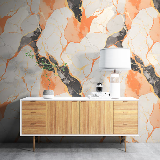 Removable Wallpaper, Orange and Black Marble - Peel & Stick, Reusable, Self Adhesive, 26" Panels, Easy Install, Seamless