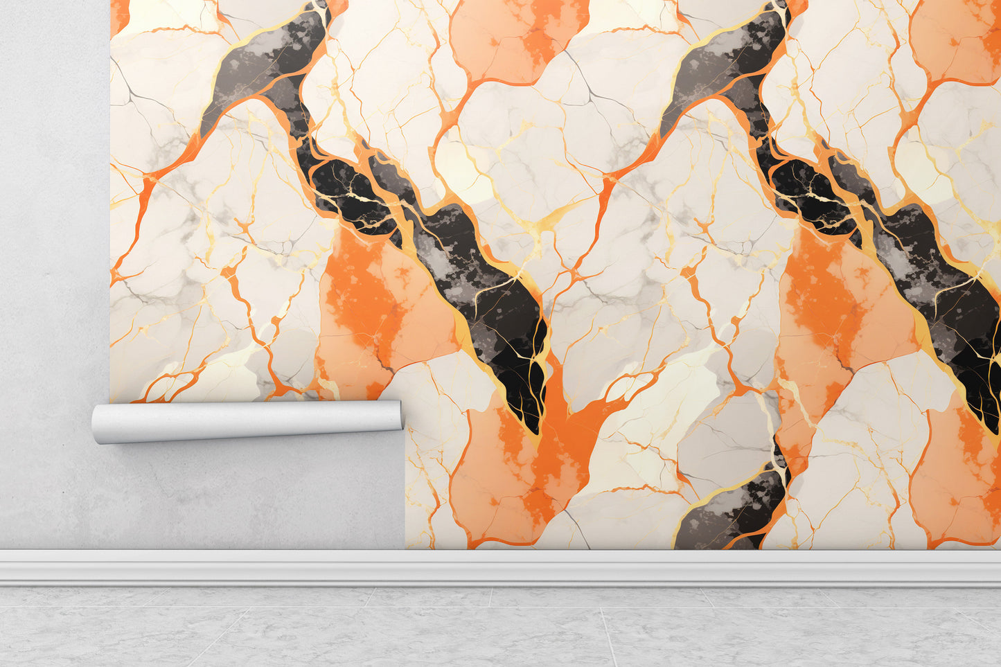 Removable Wallpaper, Orange and Black Marble - Peel & Stick, Reusable, Self Adhesive, 26" Panels, Easy Install, Seamless