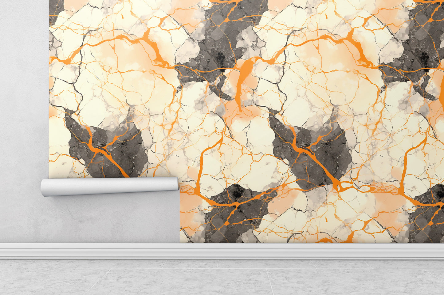 Removable Wallpaper, Black and Orange Marble - Peel & Stick, Reusable, Self Adhesive, 26" Panels, Easy Install, Seamless