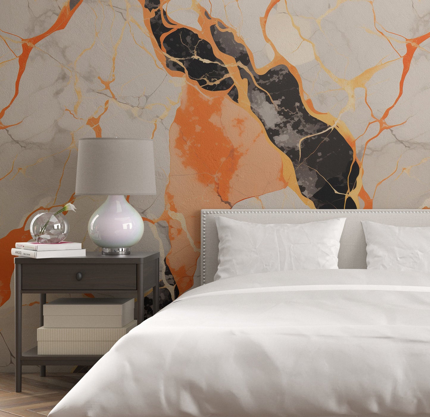 Removable Wallpaper, Orange and Black Marble - Peel & Stick, Reusable, Self Adhesive, 26" Panels, Easy Install, Seamless