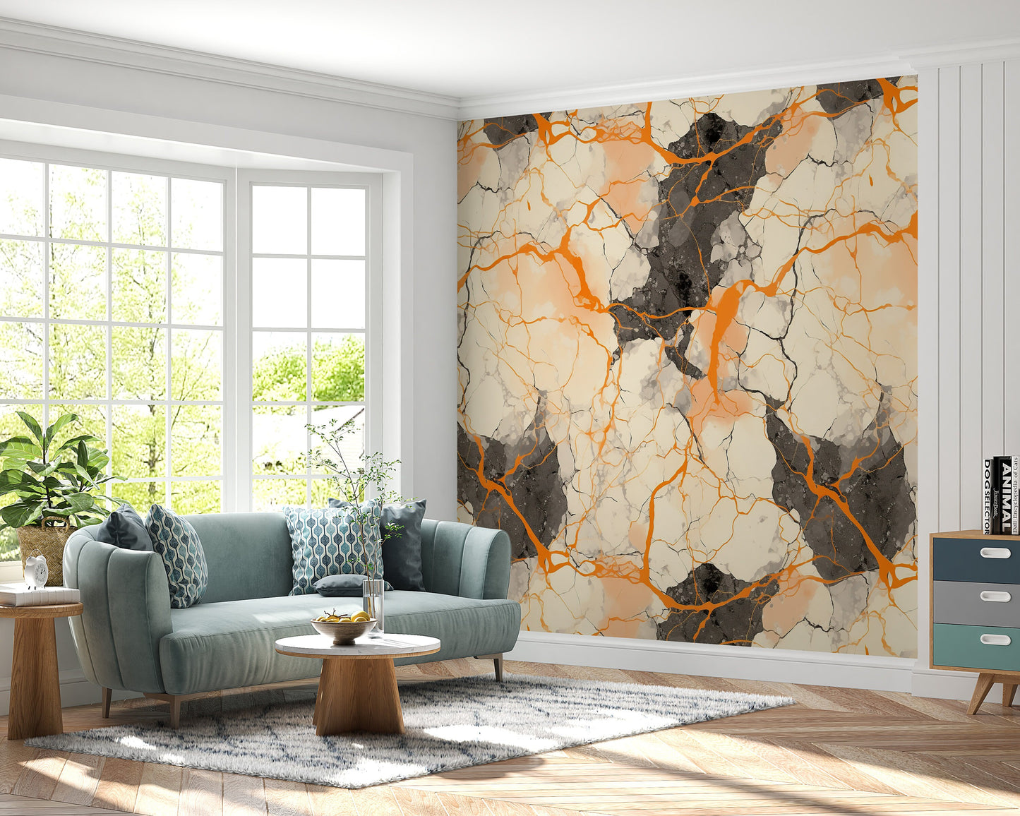 Removable Wallpaper, Black and Orange Marble - Peel & Stick, Reusable, Self Adhesive, 26" Panels, Easy Install, Seamless