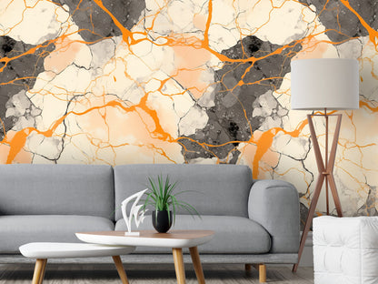 Removable Wallpaper, Black and Orange Marble - Peel & Stick, Reusable, Self Adhesive, 26" Panels, Easy Install, Seamless