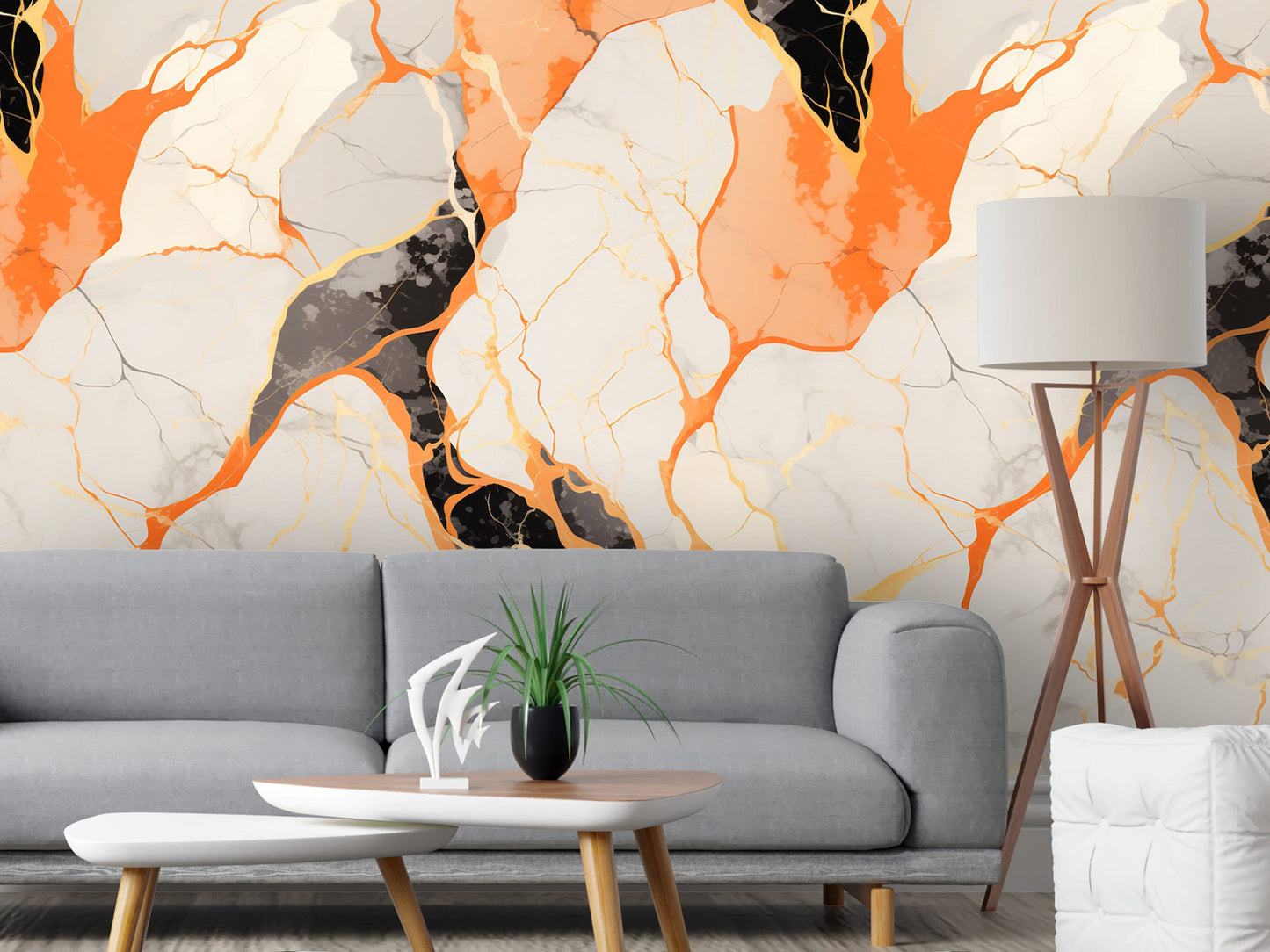 Removable Wallpaper, Orange and Black Marble - Peel & Stick, Reusable, Self Adhesive, 26" Panels, Easy Install, Seamless