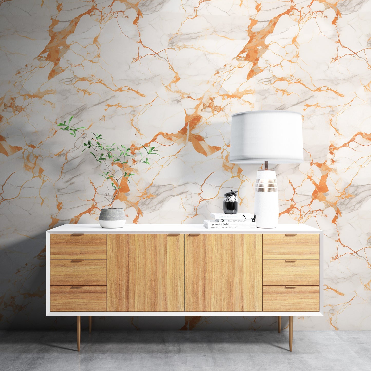 Removable Wallpaper, White and Orange Marble - Peel & Stick, Reusable, Self Adhesive, 26" Panels, Easy Install, Seamless