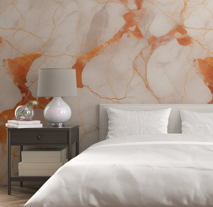 Removable Wallpaper, Orange and White Marble - Peel & Stick, Reusable, Self Adhesive, 26" Panels, Easy Install, Seamless