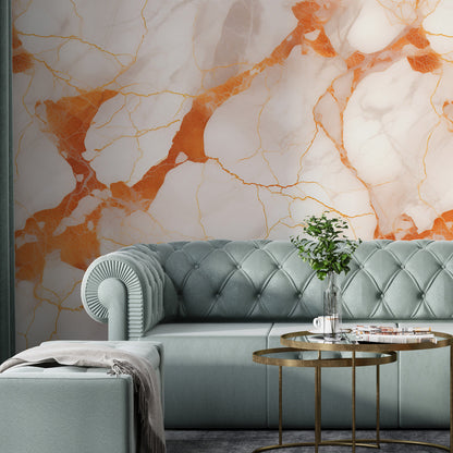 Removable Wallpaper, Orange and White Marble - Peel & Stick, Reusable, Self Adhesive, 26" Panels, Easy Install, Seamless