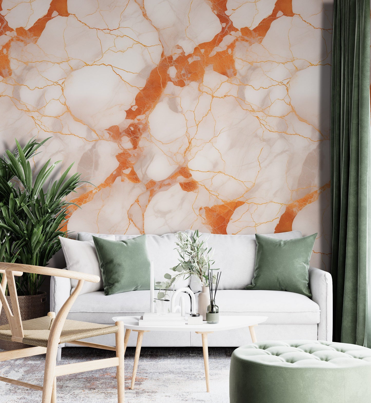 Removable Wallpaper, Orange and White Marble - Peel & Stick, Reusable, Self Adhesive, 26" Panels, Easy Install, Seamless