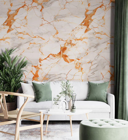 Removable Wallpaper, White and Orange Marble - Peel & Stick, Reusable, Self Adhesive, 26" Panels, Easy Install, Seamless