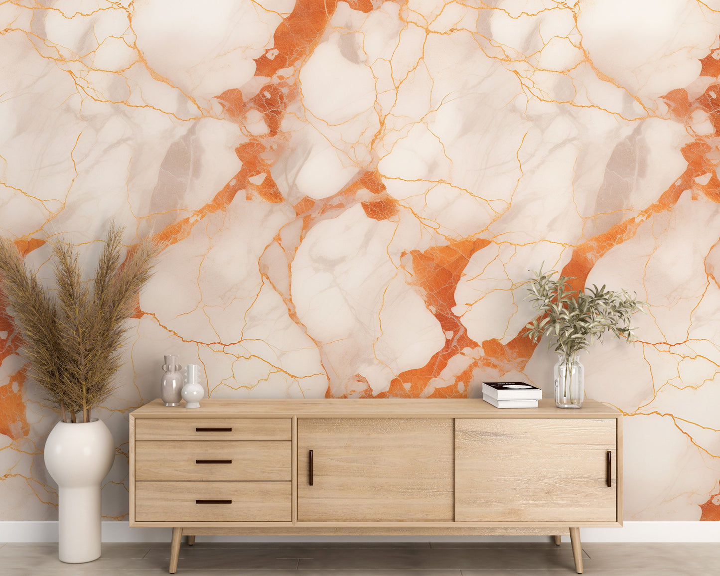 Removable Wallpaper, Orange and White Marble - Peel & Stick, Reusable, Self Adhesive, 26" Panels, Easy Install, Seamless