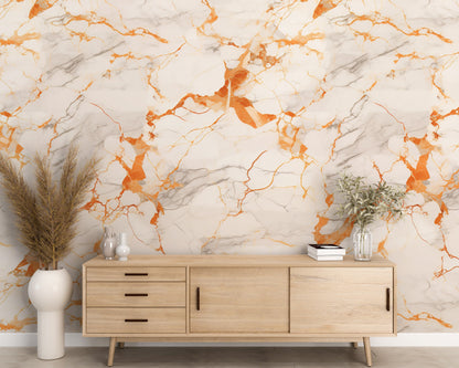 Removable Wallpaper, White and Orange Marble - Peel & Stick, Reusable, Self Adhesive, 26" Panels, Easy Install, Seamless