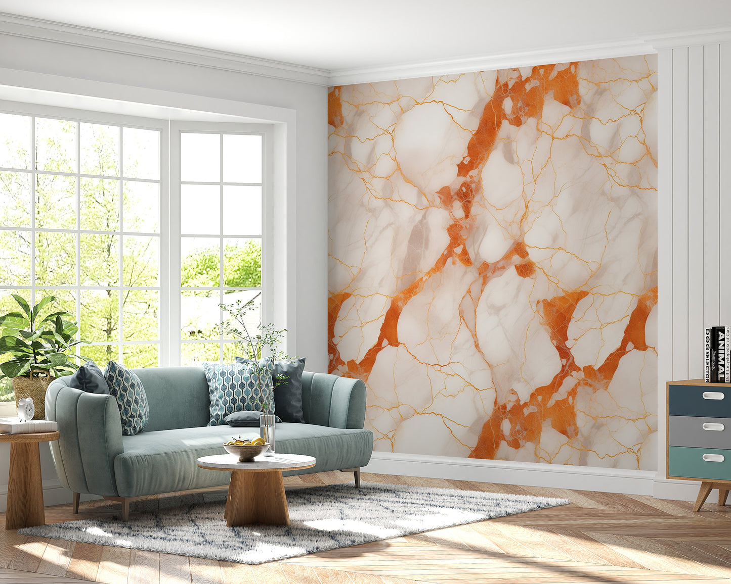 Removable Wallpaper, Orange and White Marble - Peel & Stick, Reusable, Self Adhesive, 26" Panels, Easy Install, Seamless