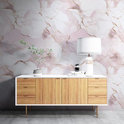 Removable Wallpaper, White and Pink Marble - Peel & Stick, Reusable, Self Adhesive, 26" Panels, Easy Install, Seamless