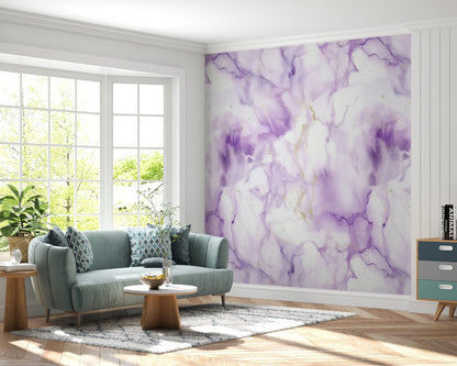 Removable Wallpaper, White and Purple Marble - Peel & Stick, Reusable, Self Adhesive, 26" Panels, Easy Install, Seamless