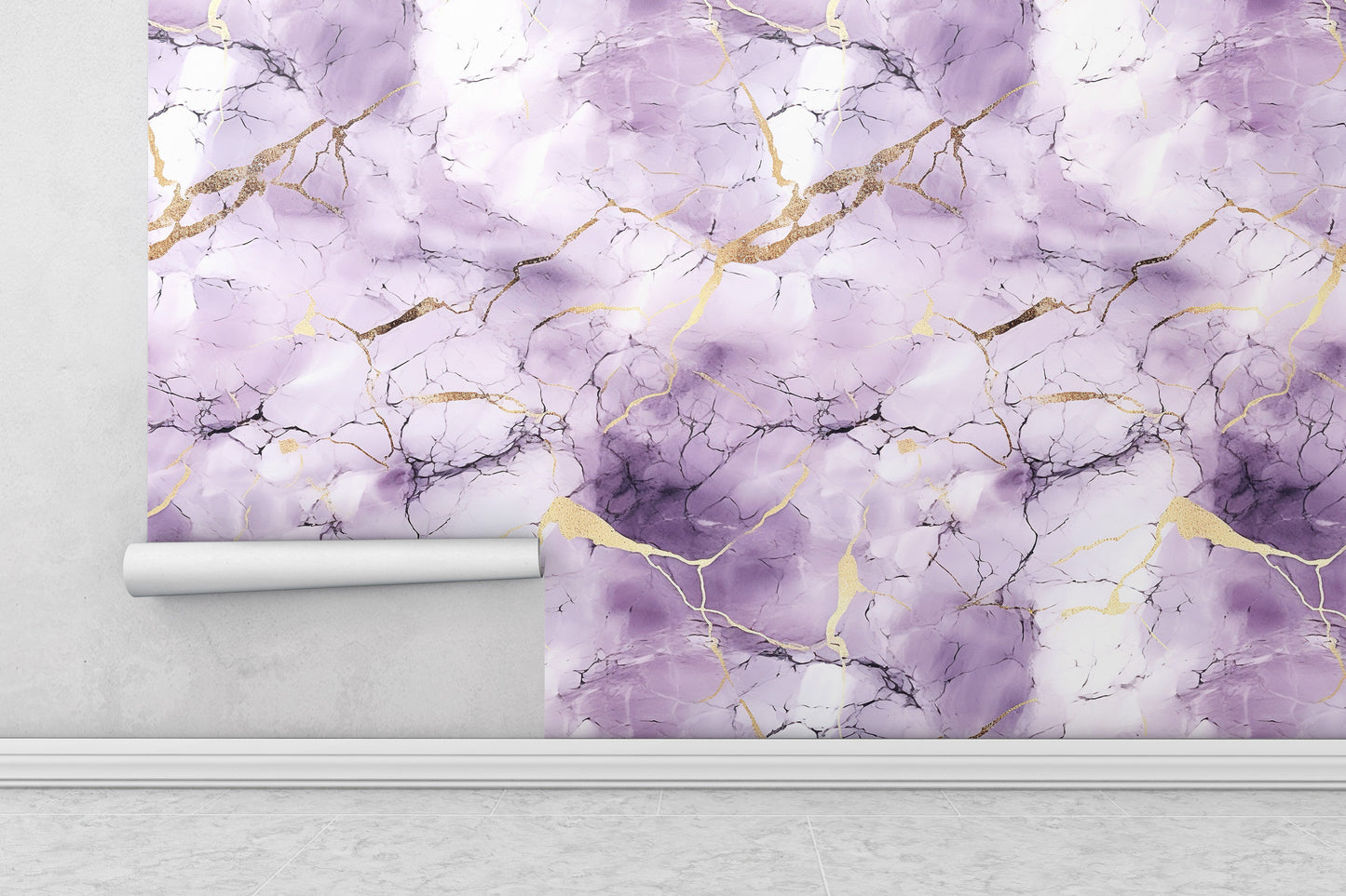 Removable Wallpaper, Purple, White and Gold Marble - Peel & Stick, Reusable, Self Adhesive, 26" Panels, Easy Install, Seamless