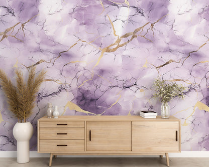 Removable Wallpaper, Purple, White and Gold Marble - Peel & Stick, Reusable, Self Adhesive, 26" Panels, Easy Install, Seamless