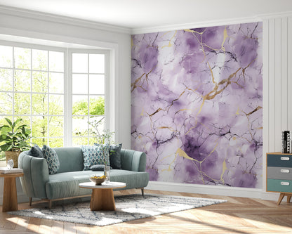 Removable Wallpaper, Purple, White and Gold Marble - Peel & Stick, Reusable, Self Adhesive, 26" Panels, Easy Install, Seamless