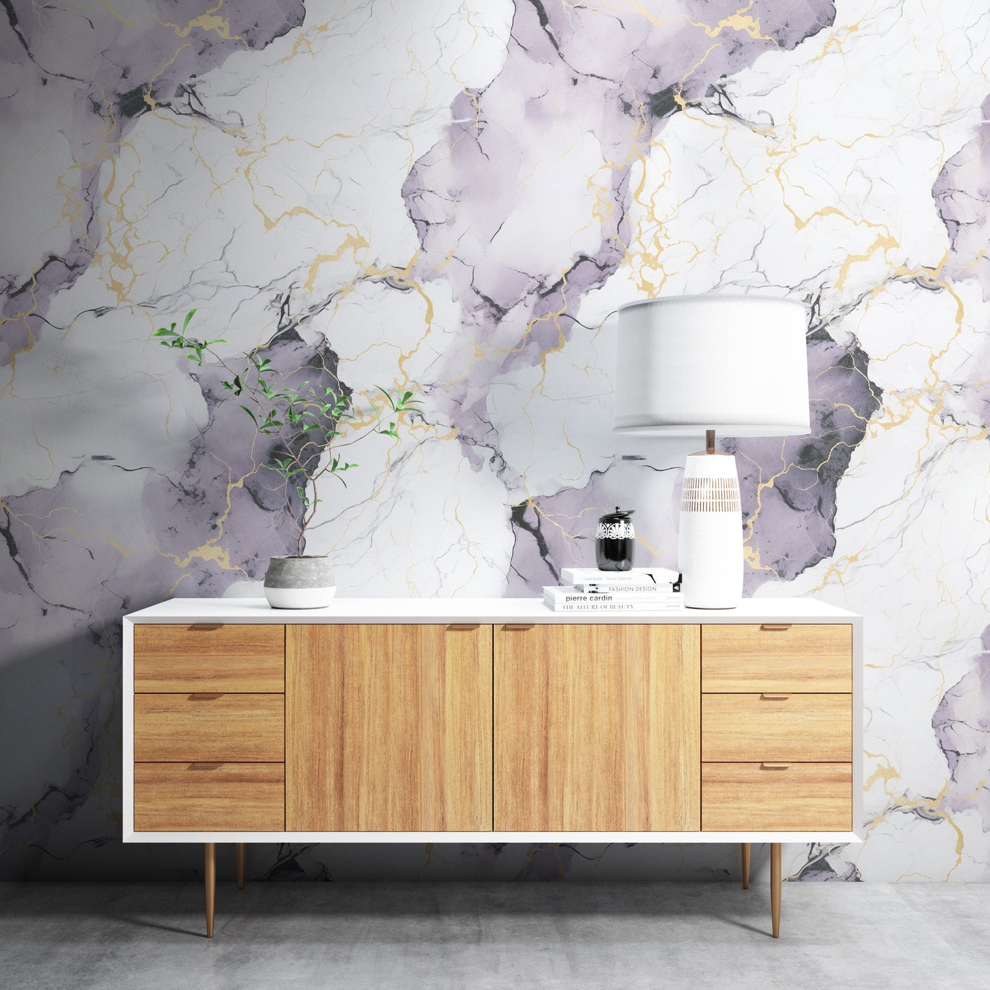 Removable Wallpaper, White, Purple and Gold Marble - Peel & Stick, Reusable, Self Adhesive, 26" Panels, Easy Install, Seamless