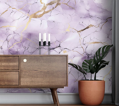 Removable Wallpaper, Purple, White and Gold Marble - Peel & Stick, Reusable, Self Adhesive, 26" Panels, Easy Install, Seamless