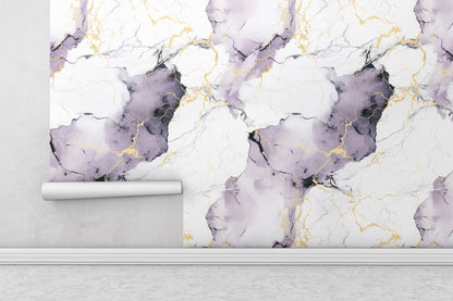 Removable Wallpaper, White, Purple and Gold Marble - Peel & Stick, Reusable, Self Adhesive, 26" Panels, Easy Install, Seamless