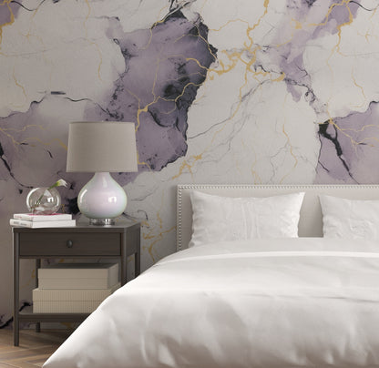 Removable Wallpaper, White, Purple and Gold Marble - Peel & Stick, Reusable, Self Adhesive, 26" Panels, Easy Install, Seamless