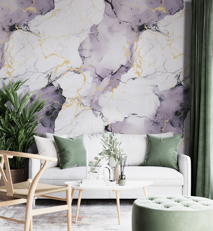 Removable Wallpaper, White, Purple and Gold Marble - Peel & Stick, Reusable, Self Adhesive, 26" Panels, Easy Install, Seamless