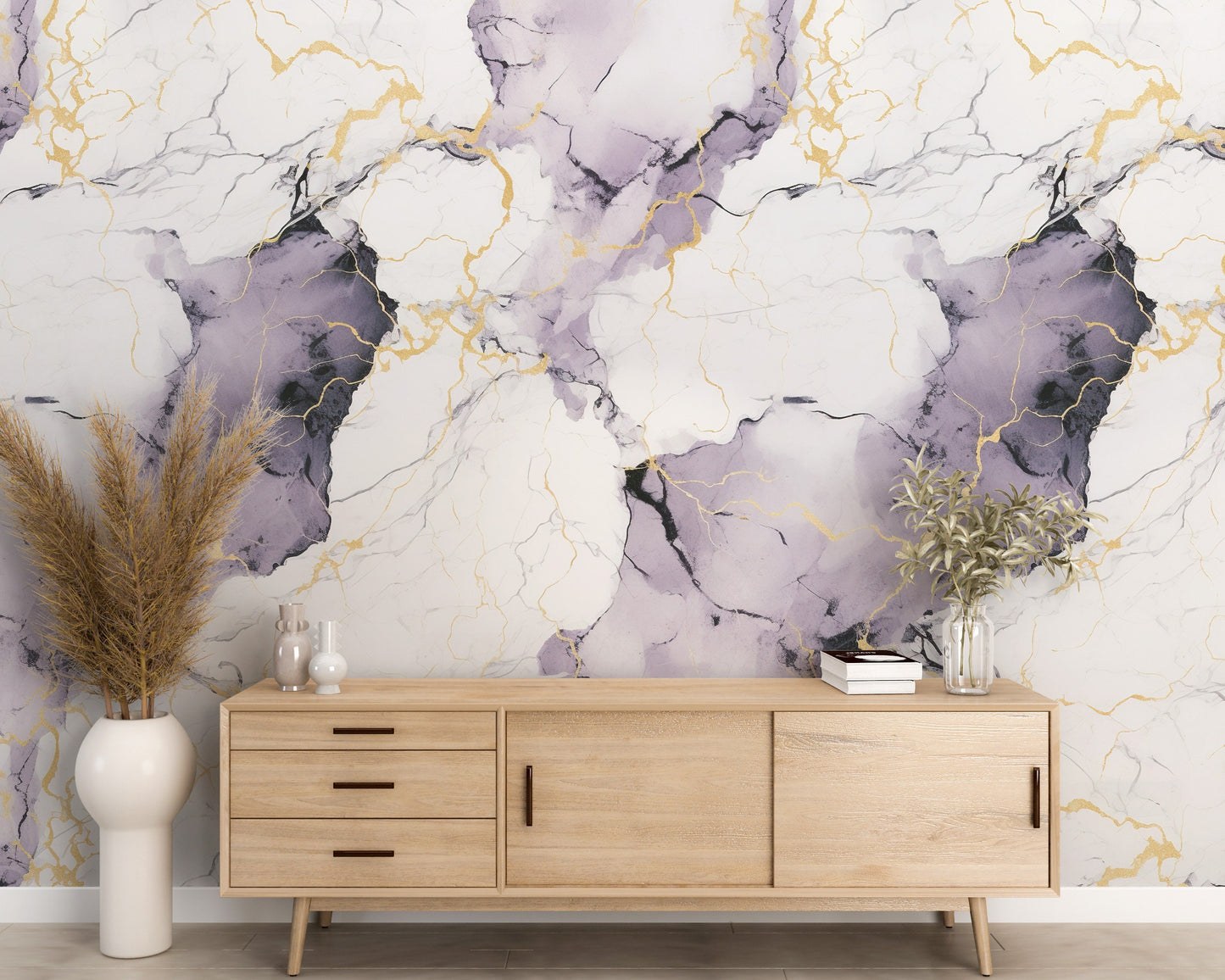 Removable Wallpaper, White, Purple and Gold Marble - Peel & Stick, Reusable, Self Adhesive, 26" Panels, Easy Install, Seamless