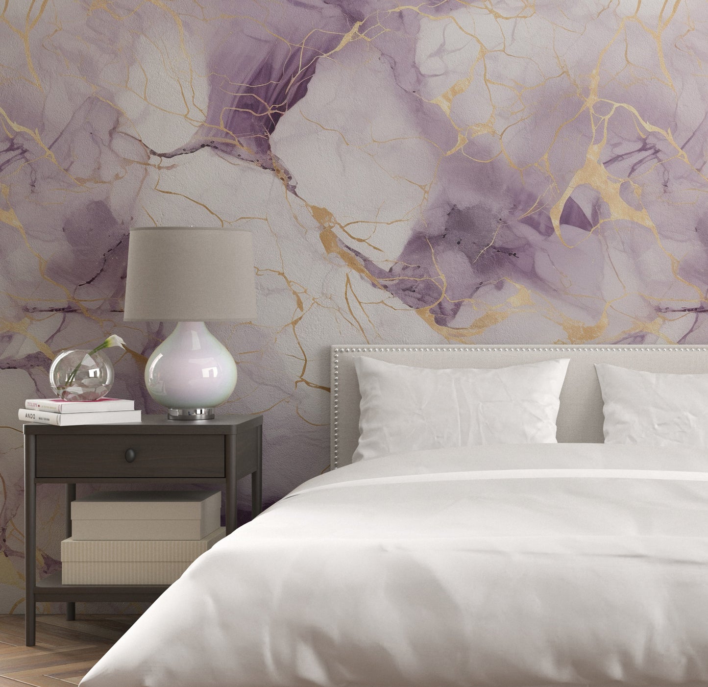 Removable Wallpaper, White, Gold and Purple Marble - Peel & Stick, Reusable, Self Adhesive, 26" Panels, Easy Install, Seamless