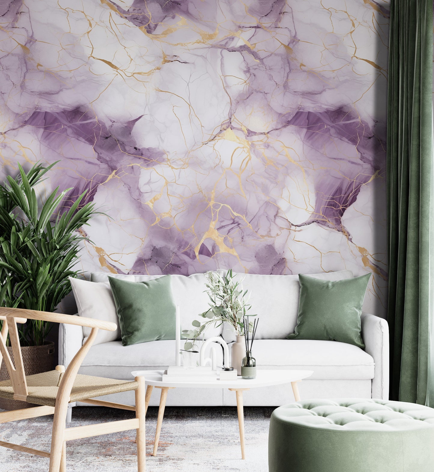 Removable Wallpaper, White, Gold and Purple Marble - Peel & Stick, Reusable, Self Adhesive, 26" Panels, Easy Install, Seamless