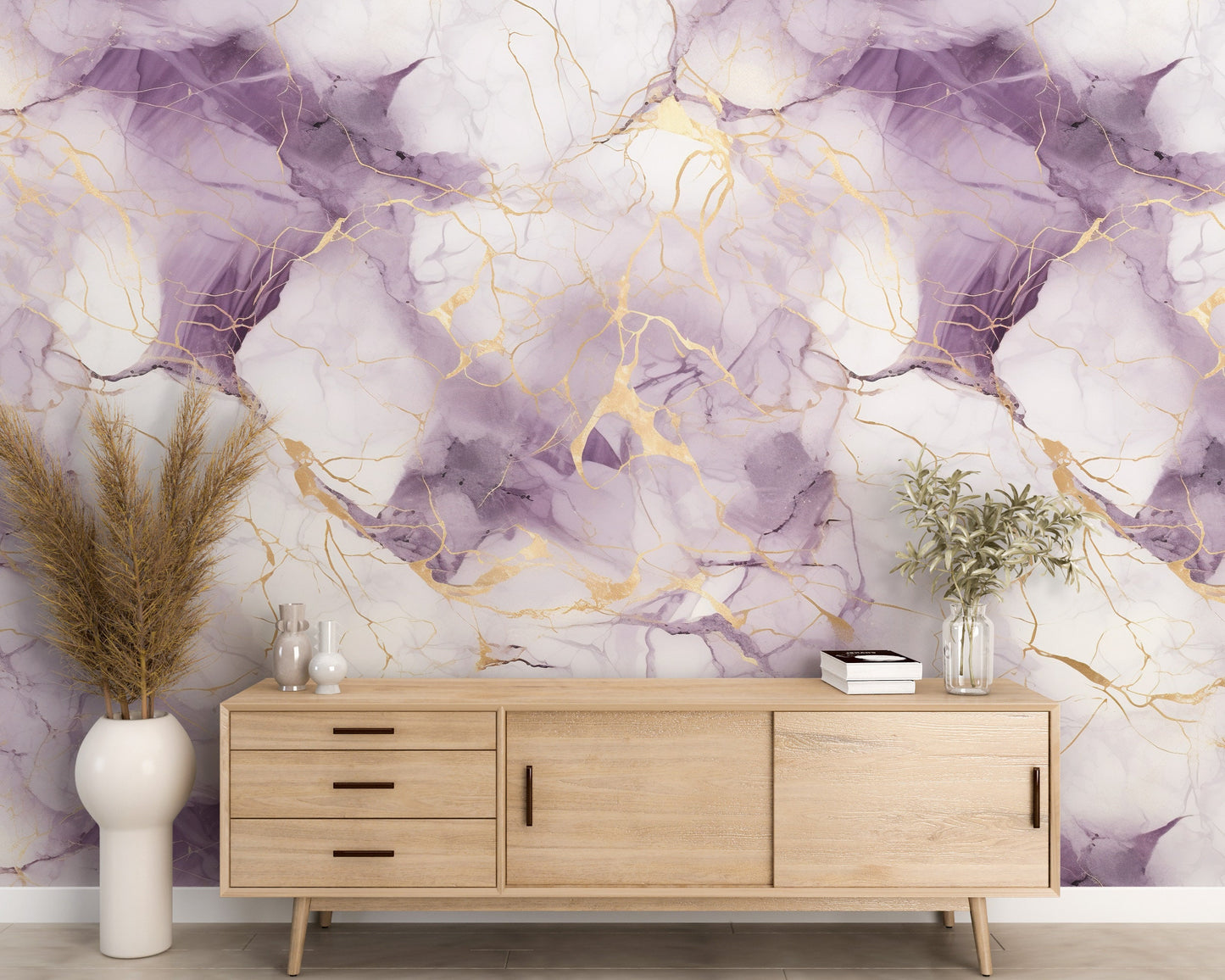 Removable Wallpaper, White, Gold and Purple Marble - Peel & Stick, Reusable, Self Adhesive, 26" Panels, Easy Install, Seamless