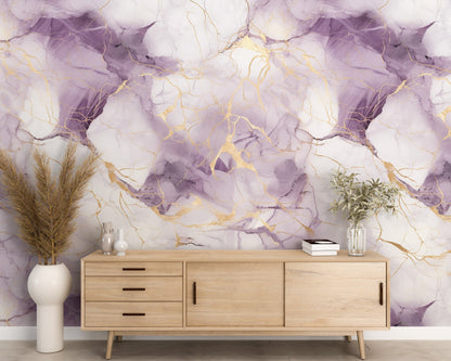 Removable Wallpaper, White, Gold and Purple Marble - Peel & Stick, Reusable, Self Adhesive, 26" Panels, Easy Install, Seamless