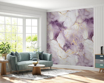 Removable Wallpaper, White, Gold and Purple Marble - Peel & Stick, Reusable, Self Adhesive, 26" Panels, Easy Install, Seamless